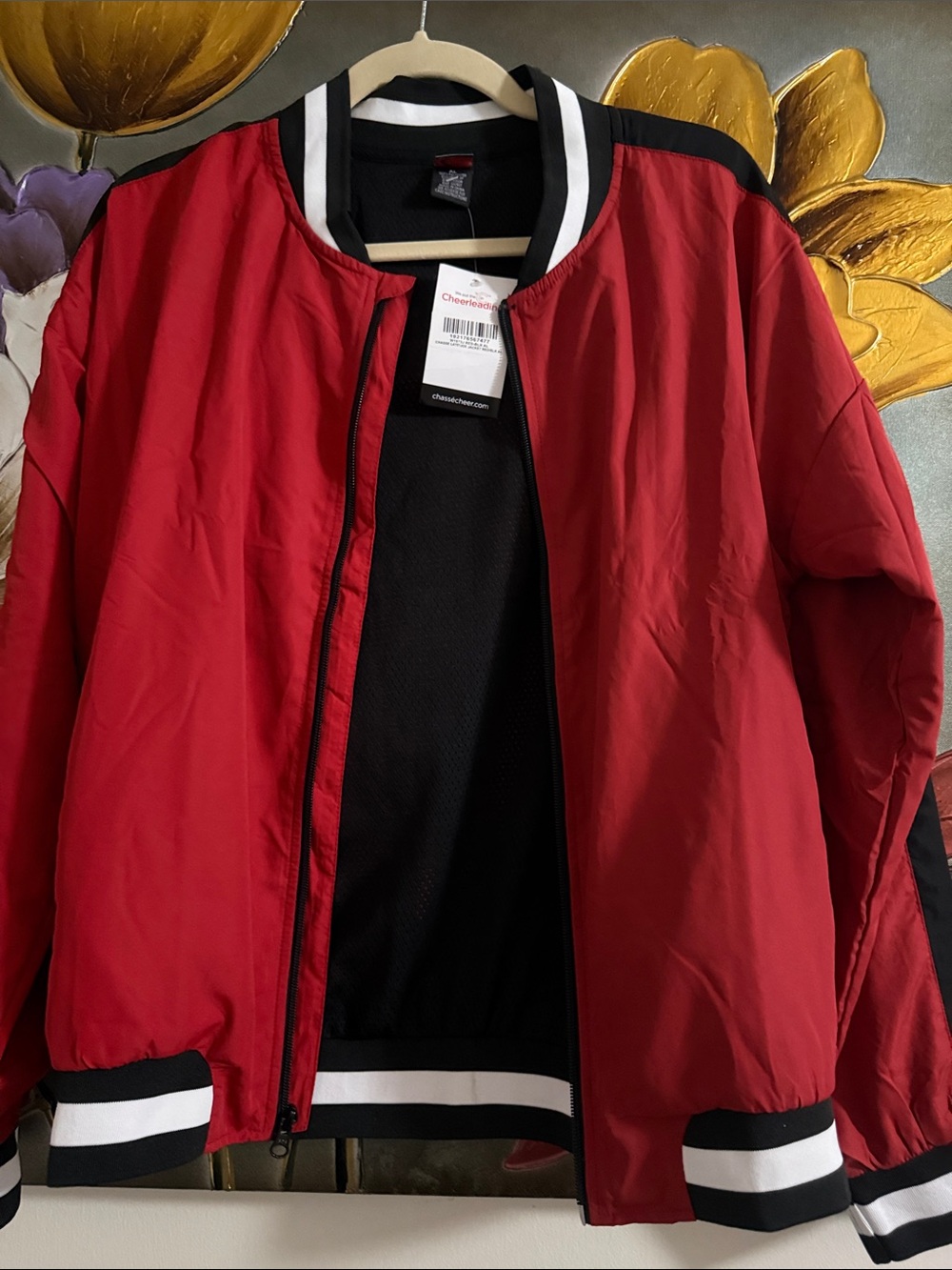 Chasse Cheer Women’s Red Bomber Jacket with Stripe Trim